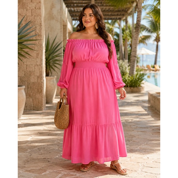 Sofia Jeans by Sofia Vergara Dresses & Skirts - 454.  Romantic Boho Festival Pink Off Shoulder Smocked Maxi Dress XL Vacation
